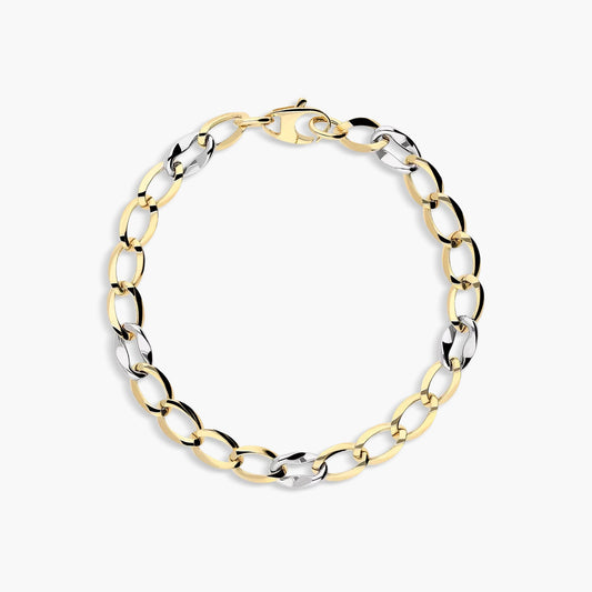 Pulsera de oro bicolor 18K eslabón anillas 19 cm