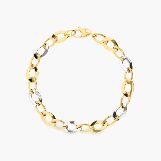 Pulsera de oro bicolor 18K eslabón anillas 19 cm
