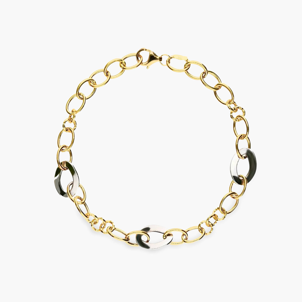 Pulsera de oro bicolor 18K eslabón anillas 19 cm