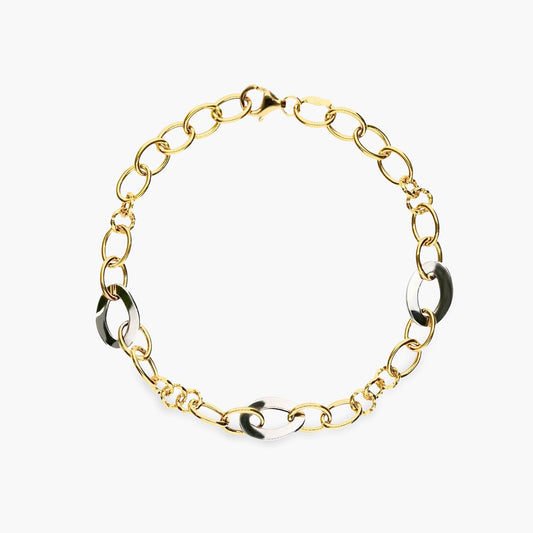 Pulsera de oro bicolor 18K eslabón anillas 19 cm