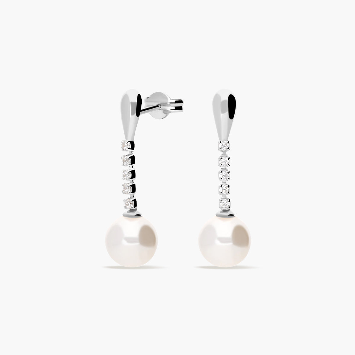 Pendientes largos de oro blanco 18K con perlas y circonitas 27 mm