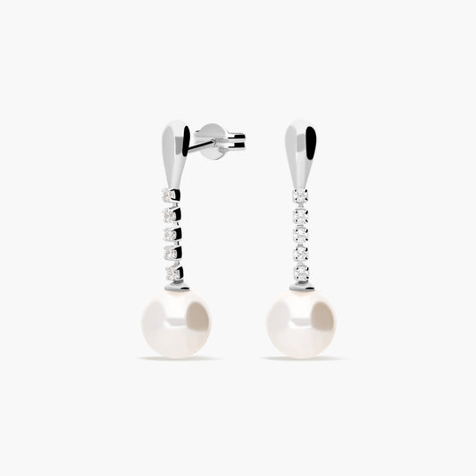 Pendientes largos de oro blanco 18K con perlas y circonitas 27 mm