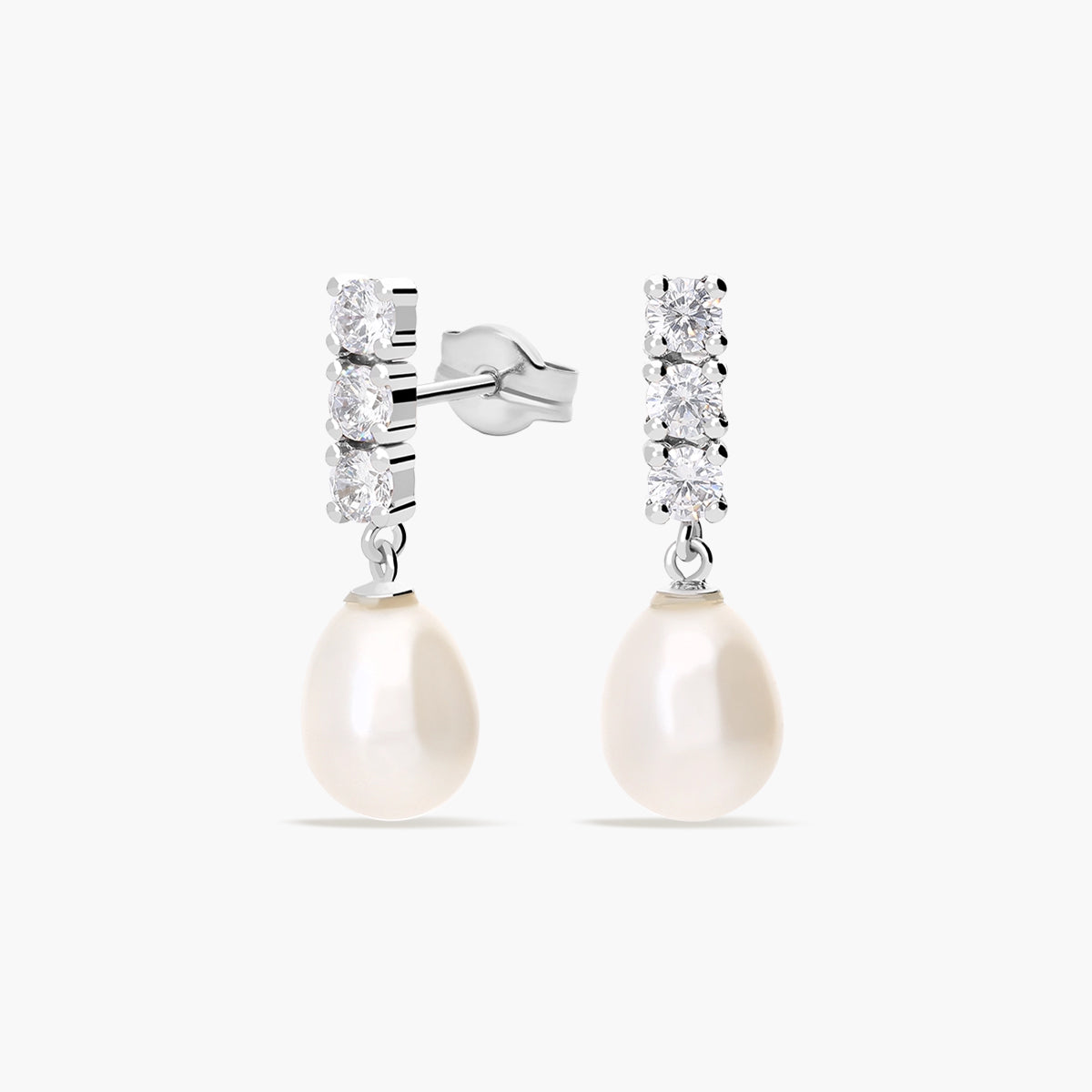 Pendientes largos de oro 18K con perlas y circonitas 22 mm