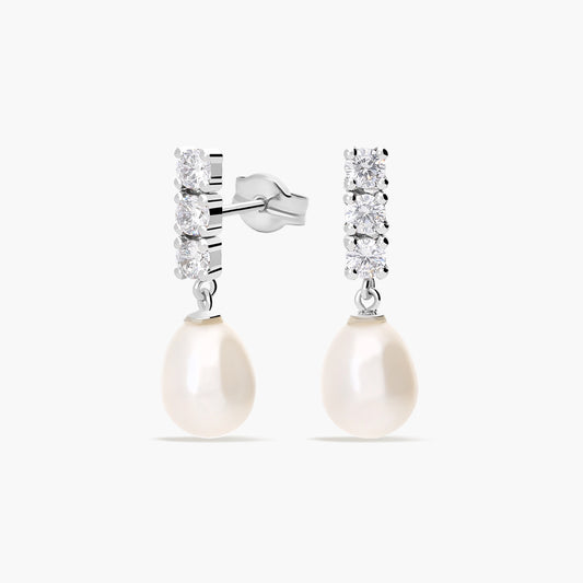 Pendientes largos de oro 18K con perlas y circonitas 22 mm
