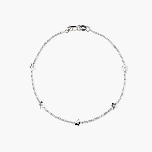 Pulsera de oro blanco 18K diamante natural 0.03 ct. estrellas 18 cm