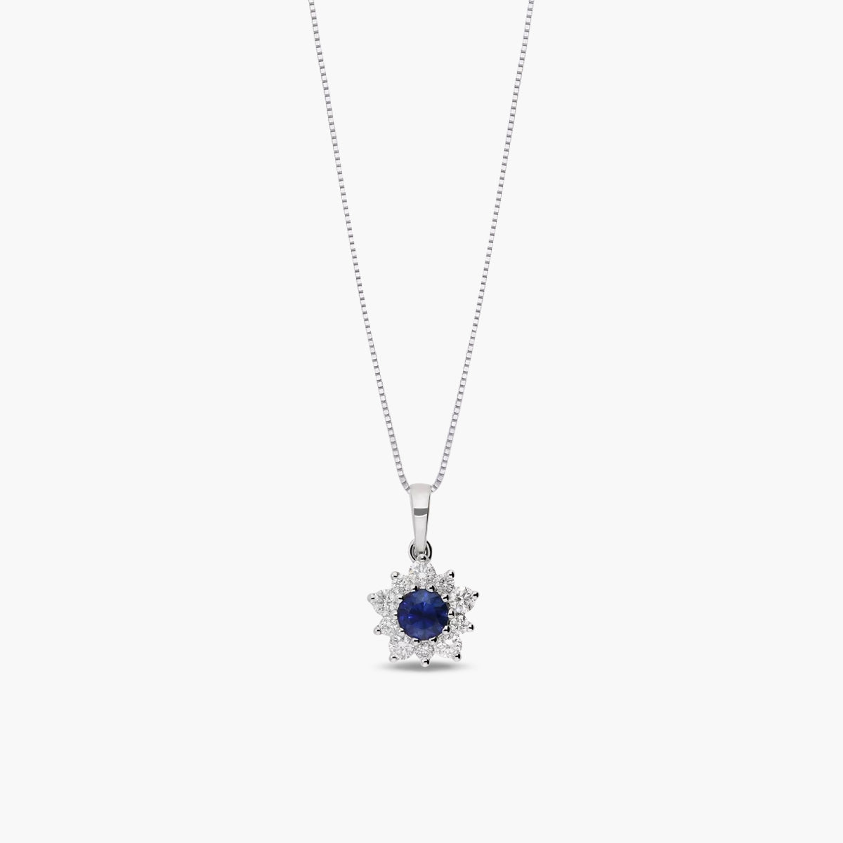 Collar de oro blanco 18K diamante natural 0.15 ct. zafiro 8 mm LADY