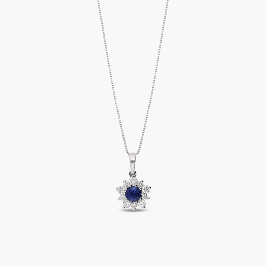Collar de oro blanco 18K diamante natural 0.15 ct. zafiro 8 mm LADY