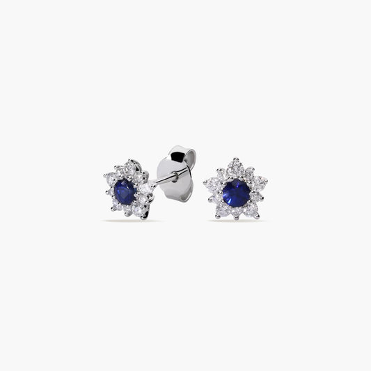 Pendientes redondos de oro blanco 18K diamante natural 0.29 ct. zafiro 7 mm LADY