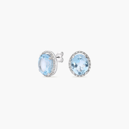 Pendientes de oro blanco 18K diamante natural 0.22 ct. topacio azul 7 mm OCEAN