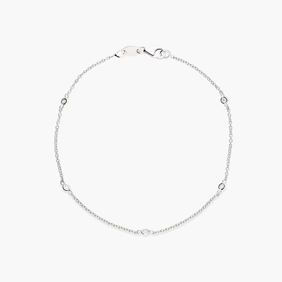 Pulsera de oro blanco 18K diamante natural 0.03 ct. círculos 18 cm