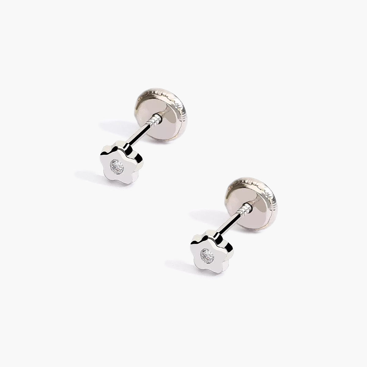 Pendientes flor de oro blanco 18K circonita 3 mm