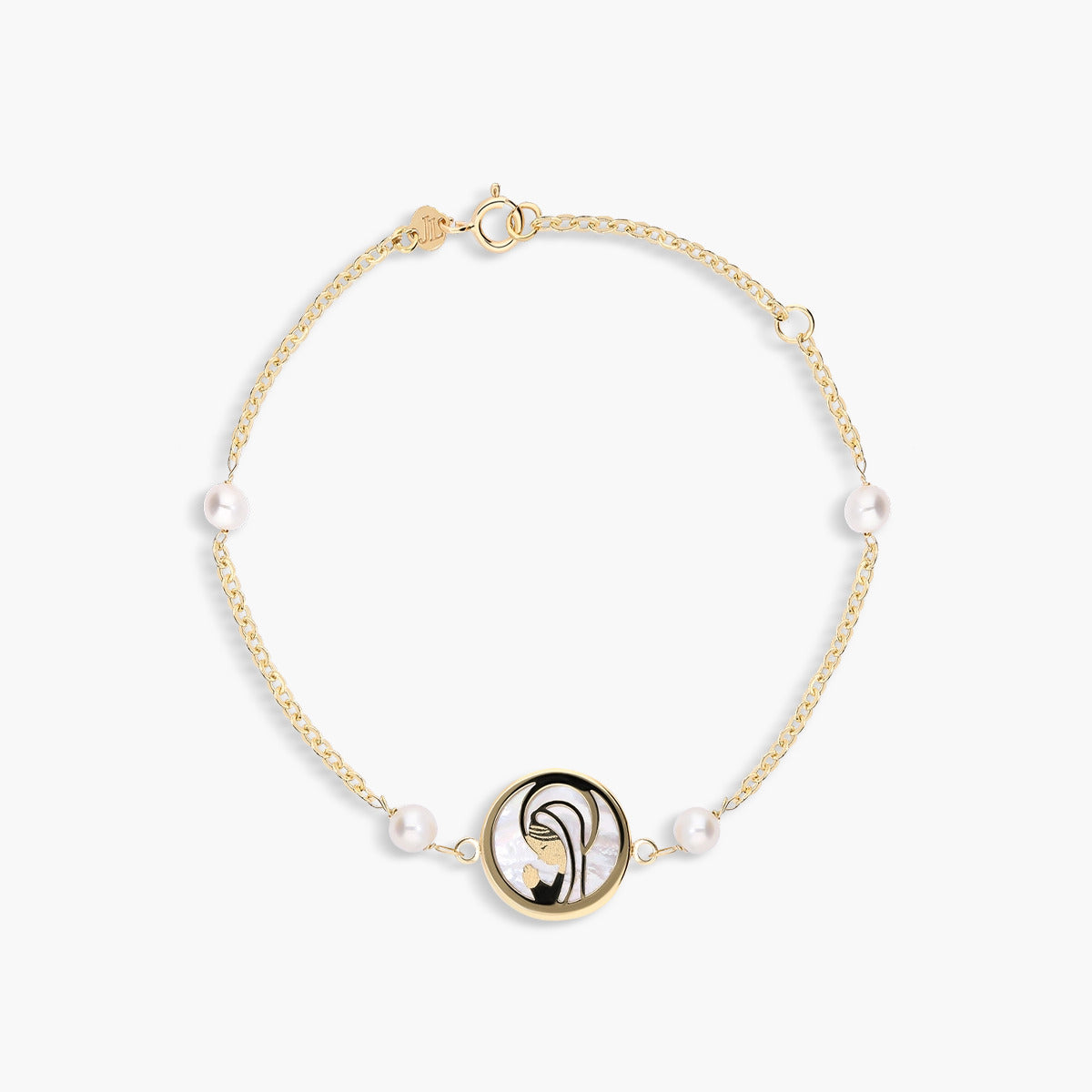 Pulsera infantil de oro 18K con perlas y virgen en nácar 15-17 cm