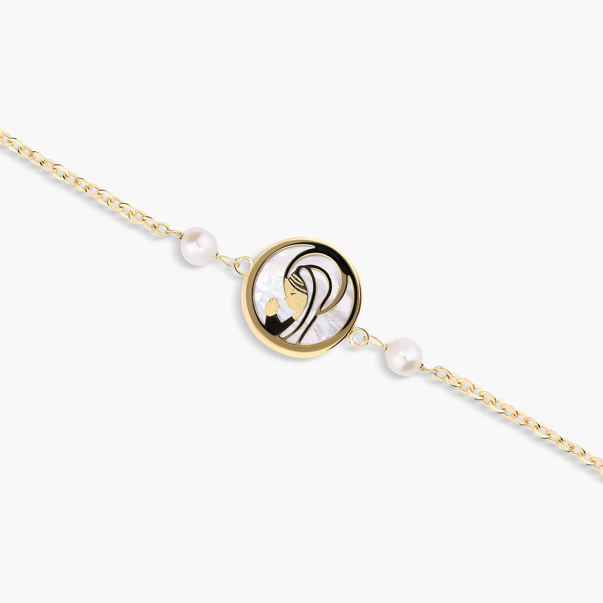 Pulsera infantil de oro 18K con perlas y virgen en nácar 15-17 cm