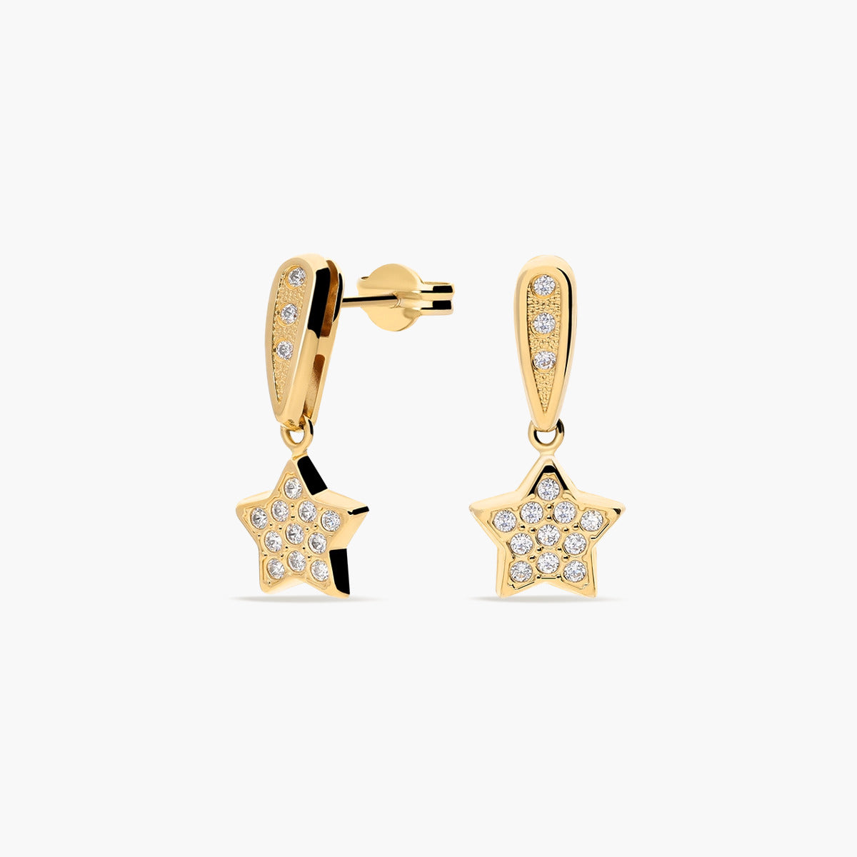 Pendientes estrella largos de oro 18K circonitas 20 mm
