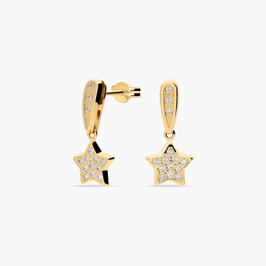 Pendientes estrella largos de oro 18K circonitas 20 mm