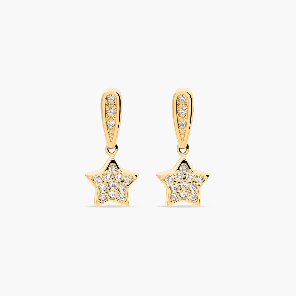 Pendientes estrella largos de oro 18K circonitas 20 mm