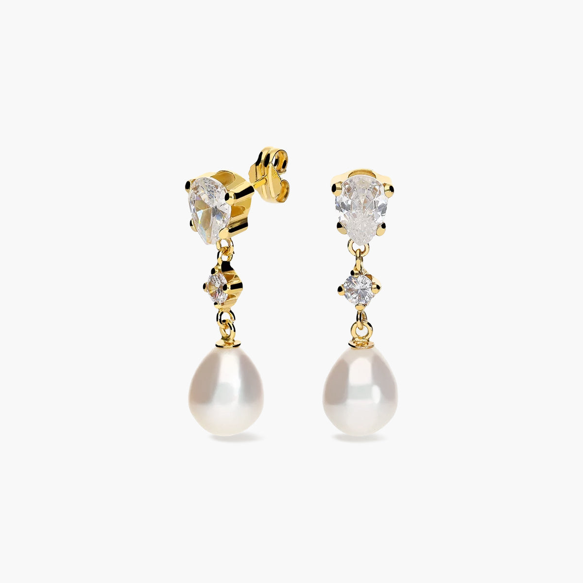 Pendientes largos de oro 18K con perlas y circonitas 26 mm
