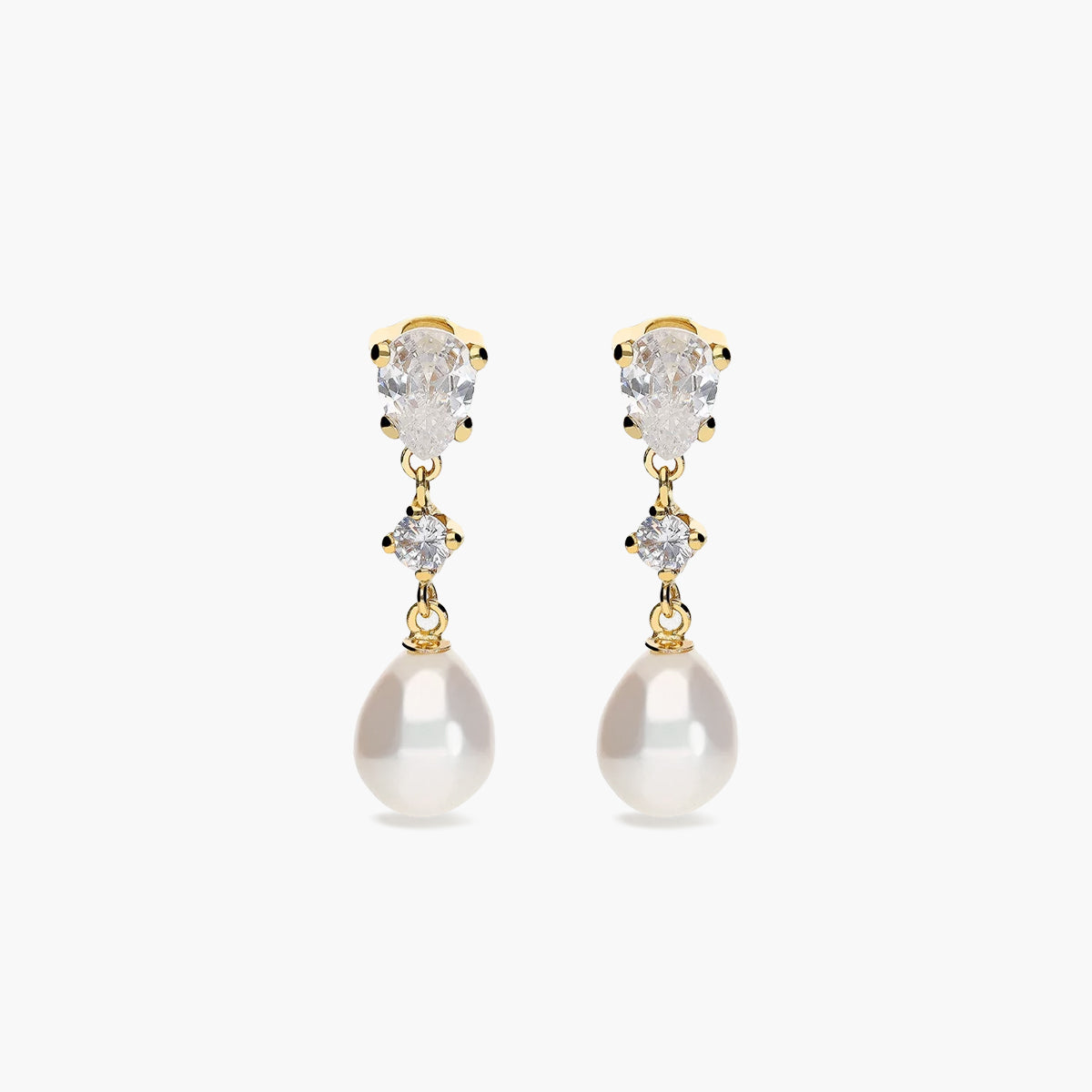 Pendientes largos de oro 18K con perlas y circonitas 26 mm