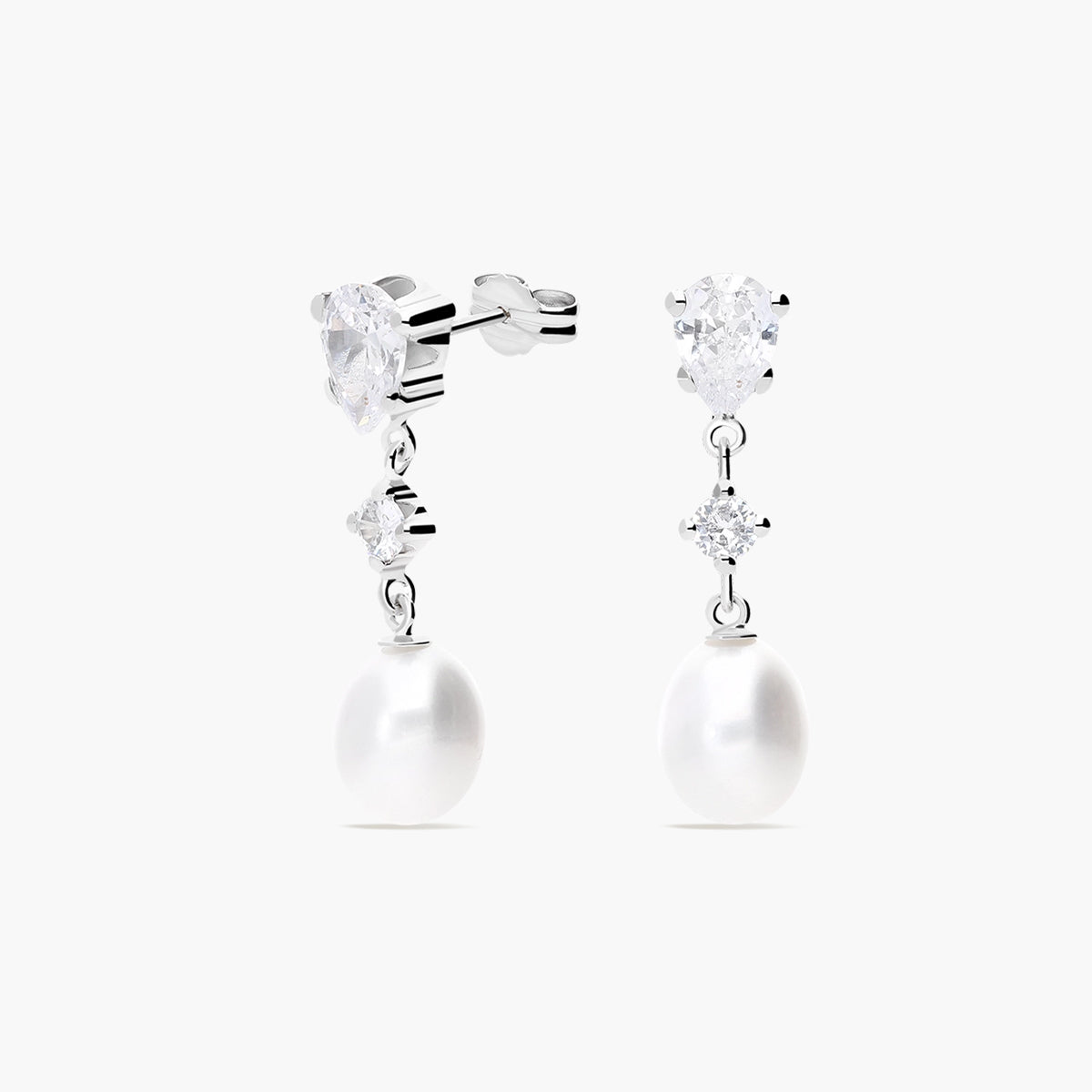 Pendientes largos de oro blanco 18K con perlas y circonitas 26 mm