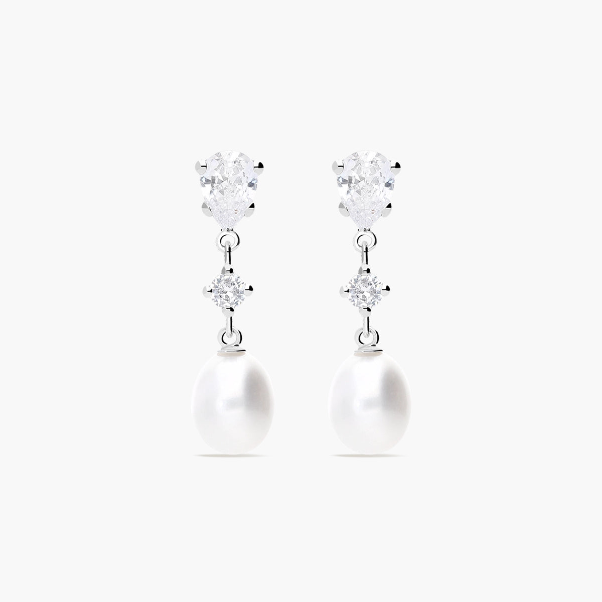 Pendientes largos de oro blanco 18K con perlas y circonitas 26 mm
