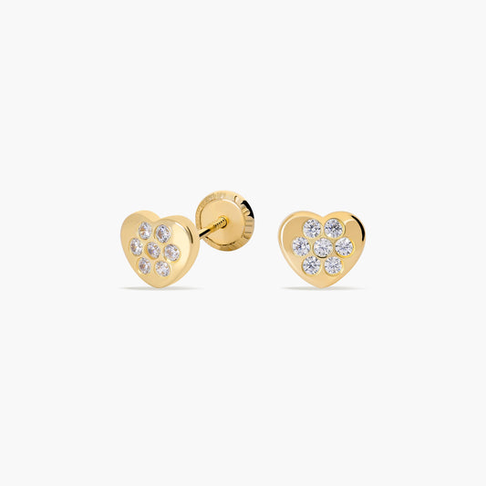 Pendientes corazón de oro 18K circonitas para bebé 5 mm