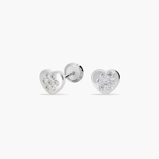 Pendientes corazón de oro blanco 18K circonitas para bebé 5 mm