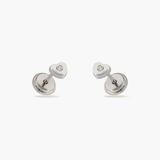 Pendientes corazón de oro blanco 18K circonita para bebé 3 mm