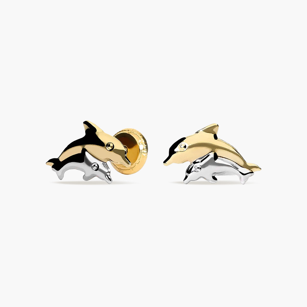 Pendientes delfín de oro bicolor 18K circonita para bebé 10 mm