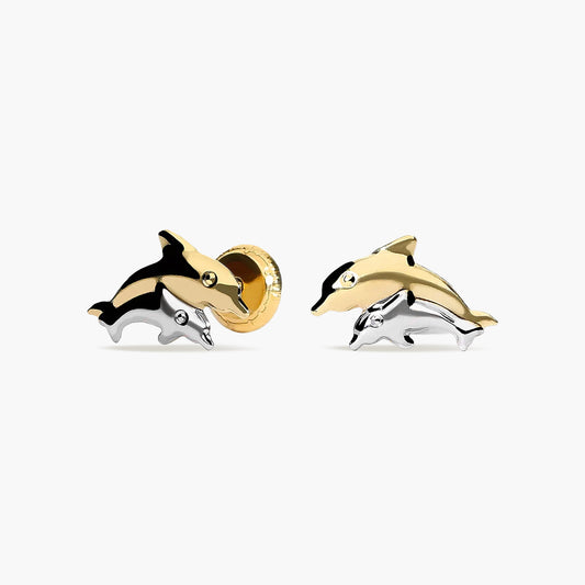 Pendientes delfín de oro bicolor 18K circonita para bebé 10 mm
