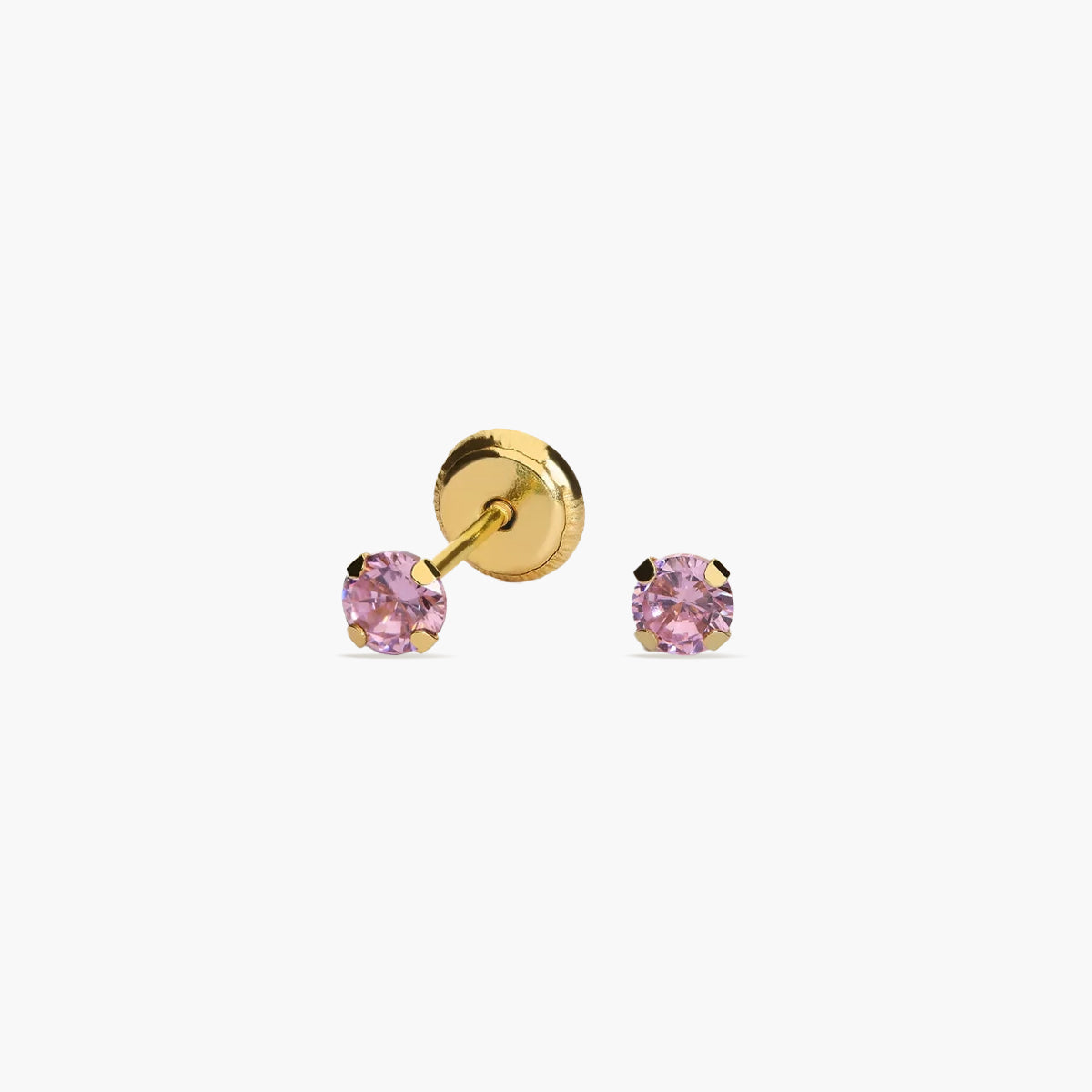 Pendientes redondos de oro 18K circonita rosa para bebé 4 mm