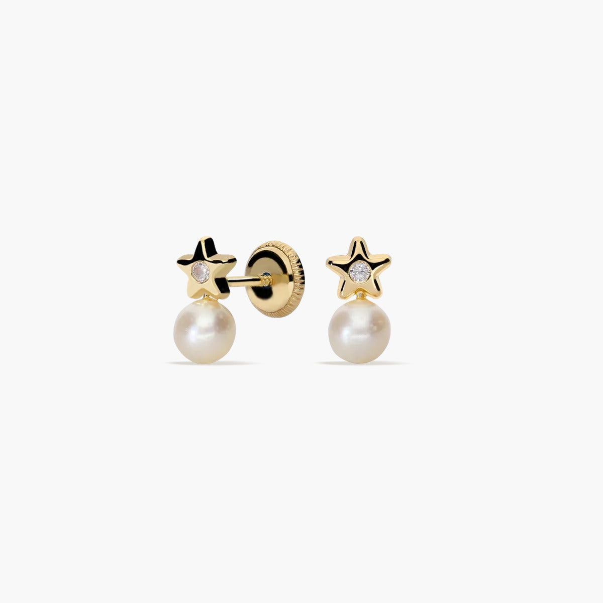 Pendientes estrella de oro blanco 18K con perlas y circonita para bebé 7 mm