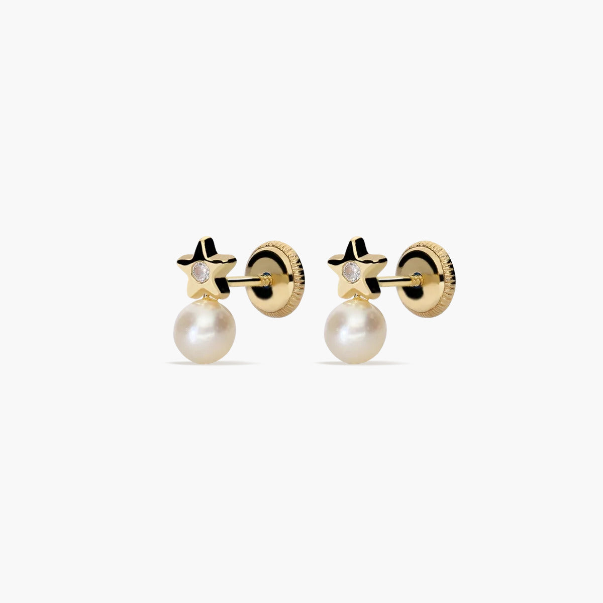 Pendientes estrella de oro blanco 18K con perlas y circonita para bebé 7 mm