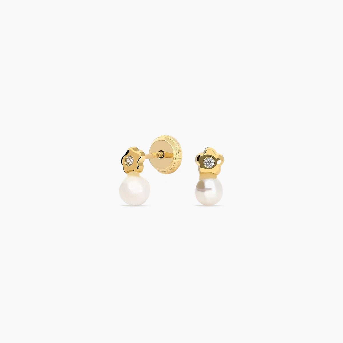 Pendientes flor de oro blanco 18K con perlas y circonita para bebé 7 mm