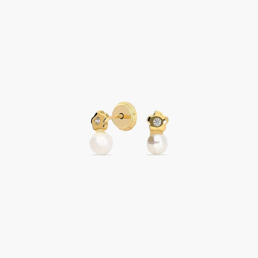 Pendientes flor de oro blanco 18K con perlas y circonita para bebé 7 mm
