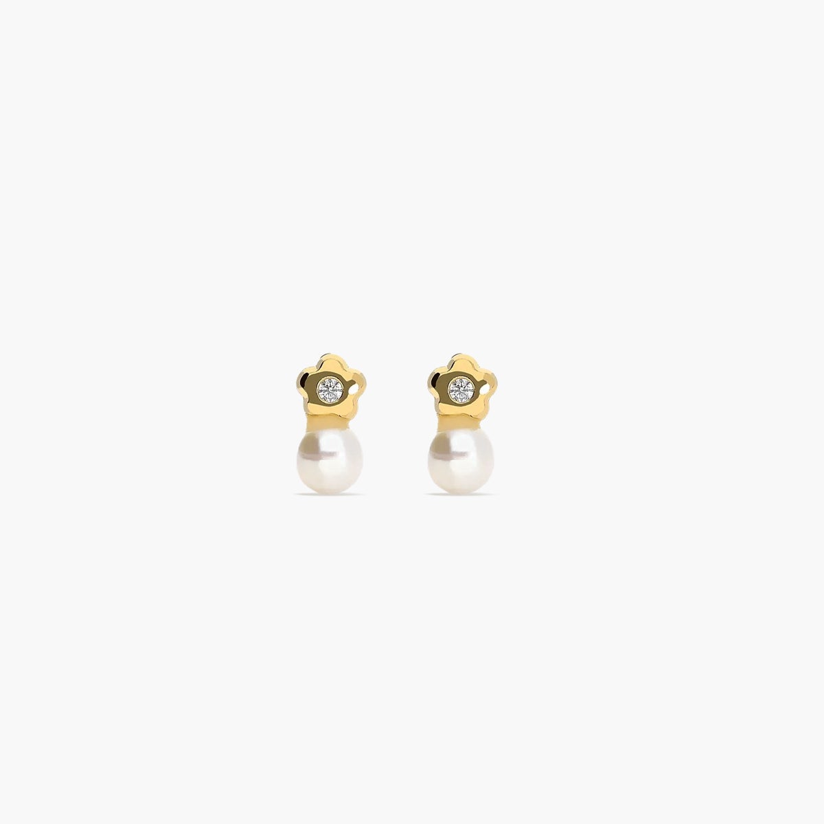 Pendientes flor de oro blanco 18K con perlas y circonita para bebé 7 mm