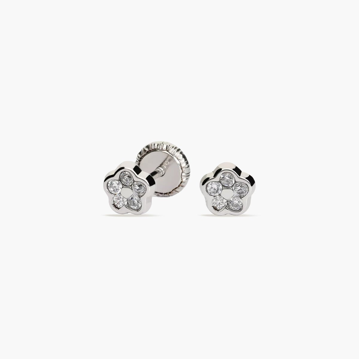 Pendientes flor de oro blanco 18K circonitas 4 mm