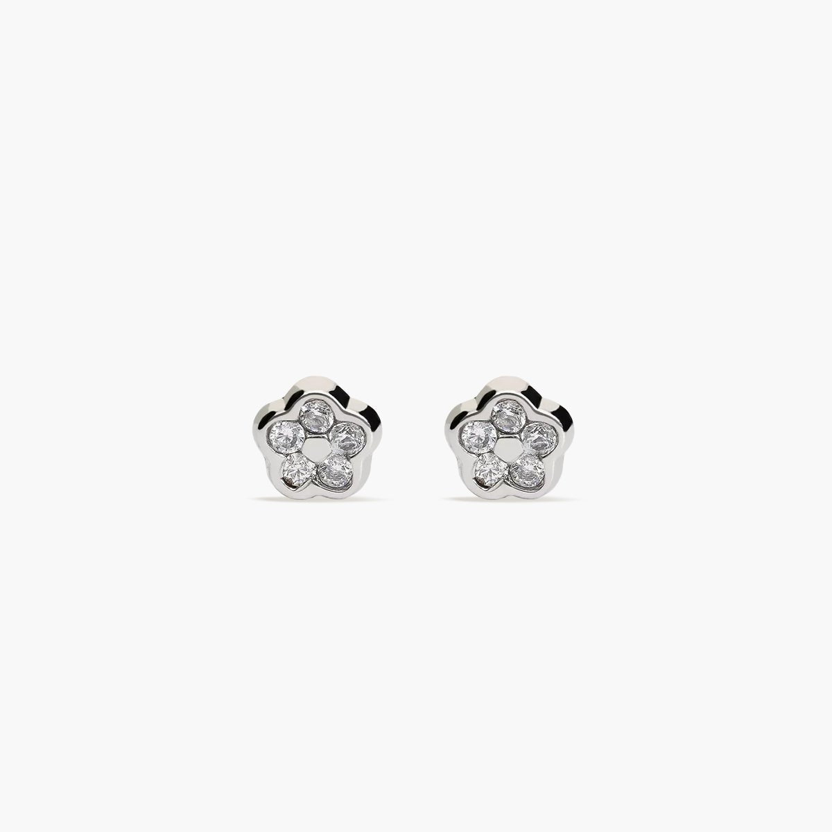 Pendientes flor de oro blanco 18K circonitas 4 mm