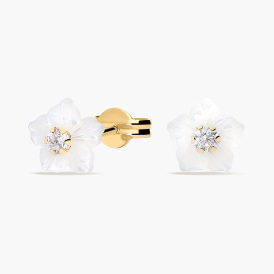 Pendientes flor de oro 18K circonita y nácar 6 mm