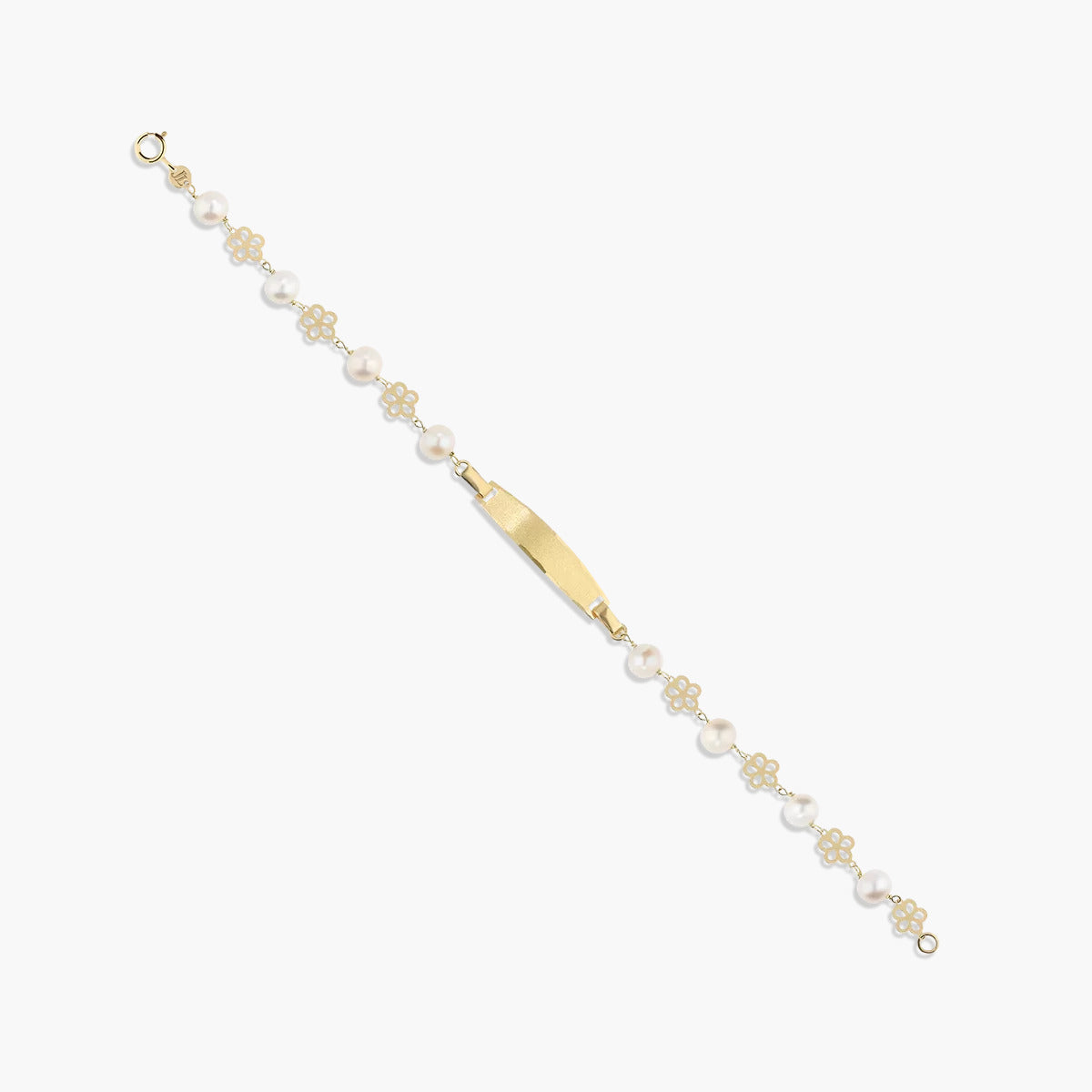 Pulsera esclava infantil de oro 18K con perlas y chapa rectangular con flores 17 cm