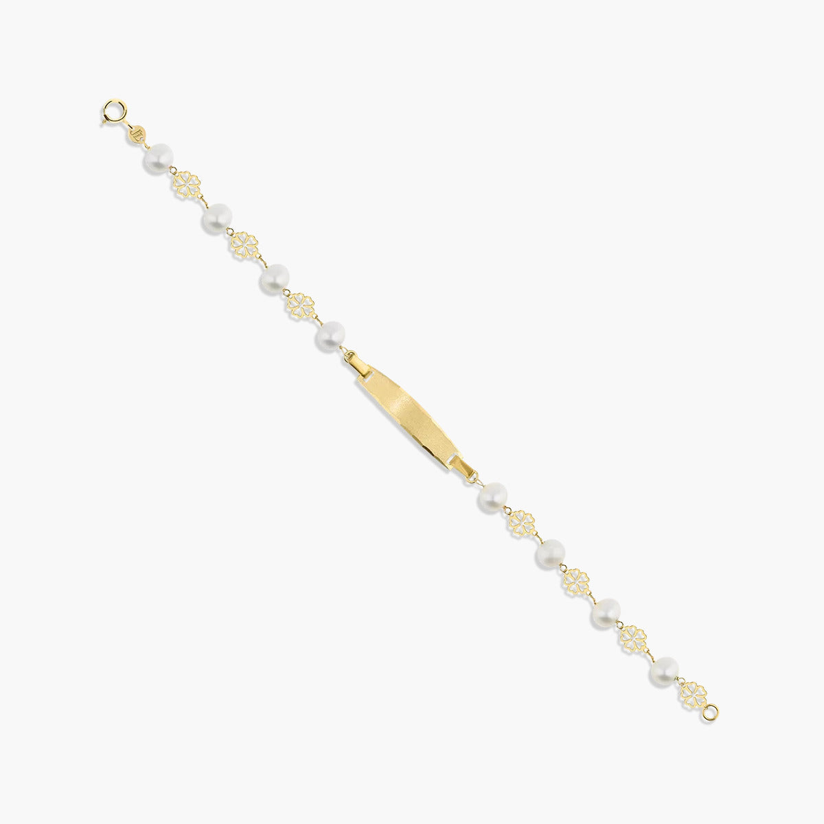 Pulsera esclava infantil de oro 18K con perlas y chapa rectangular con tréboles 17 cm
