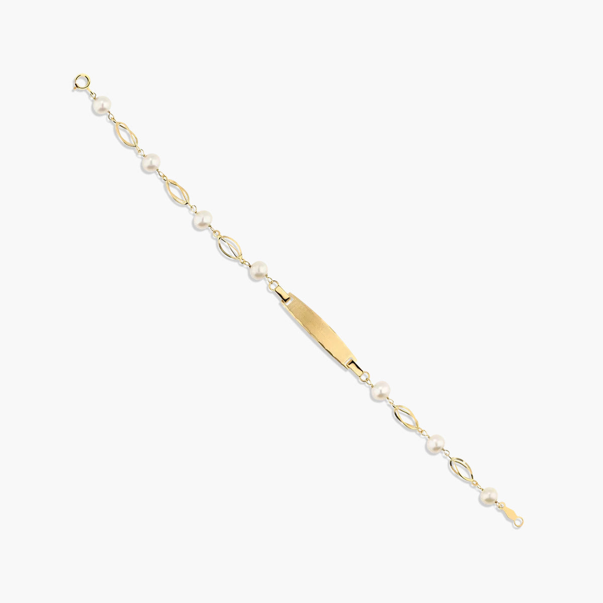 Pulsera esclava infantil de oro 18K con perlas y chapa rectangular 17 cm