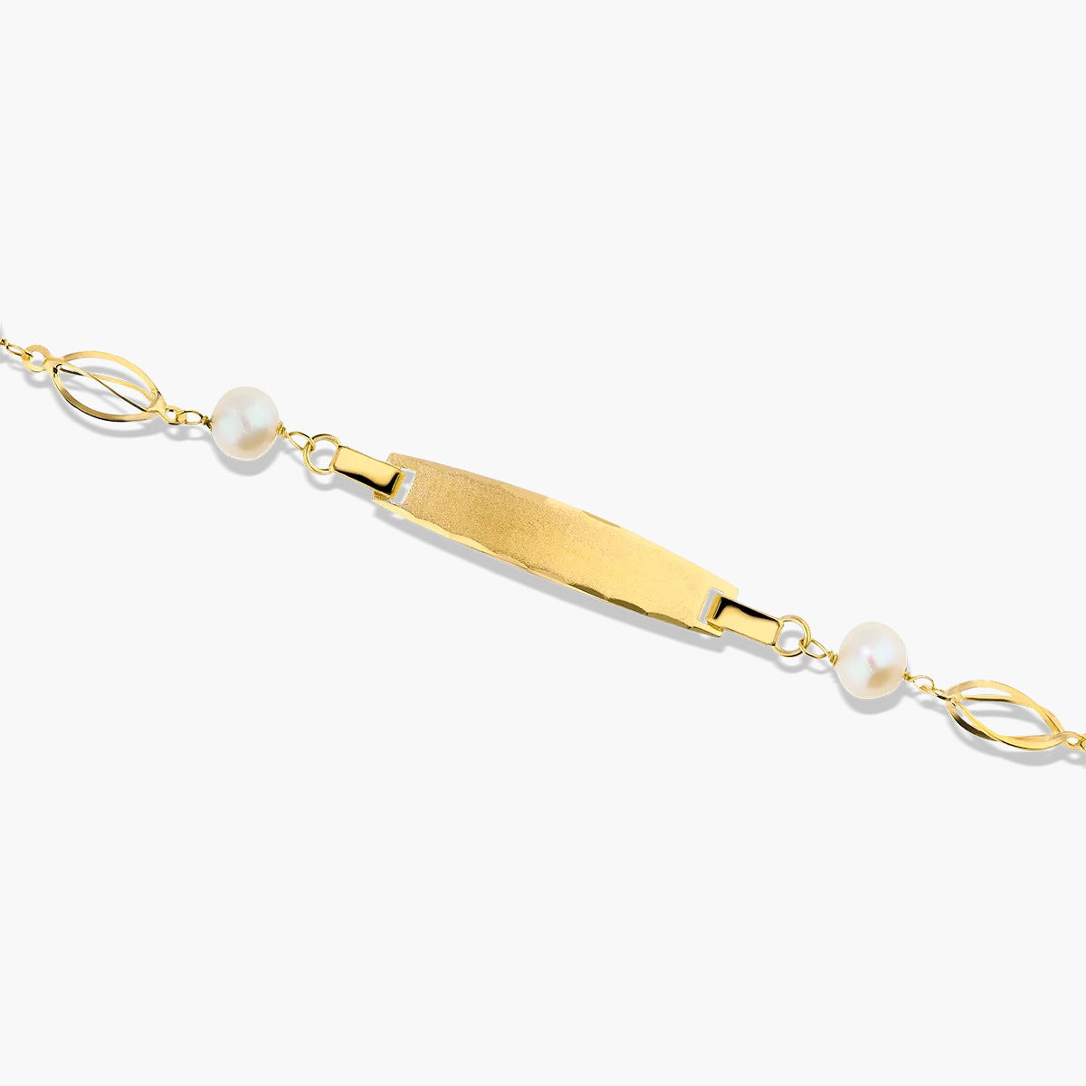 Pulsera esclava infantil de oro 18K con perlas y chapa rectangular 17 cm