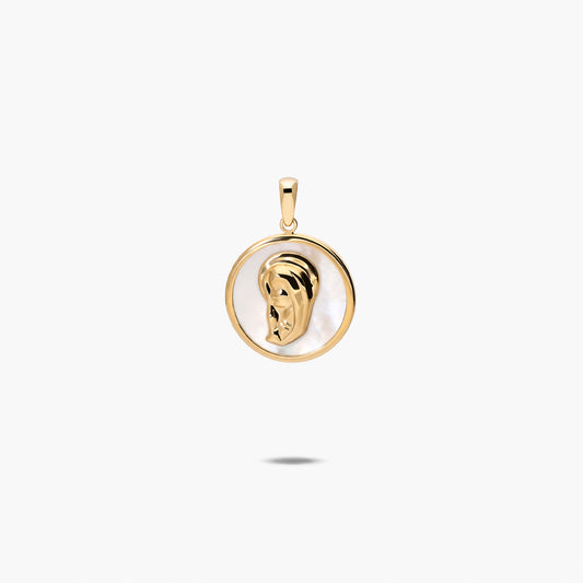 Medalla Virgen niña con velo de oro 18K nácar 16 mm