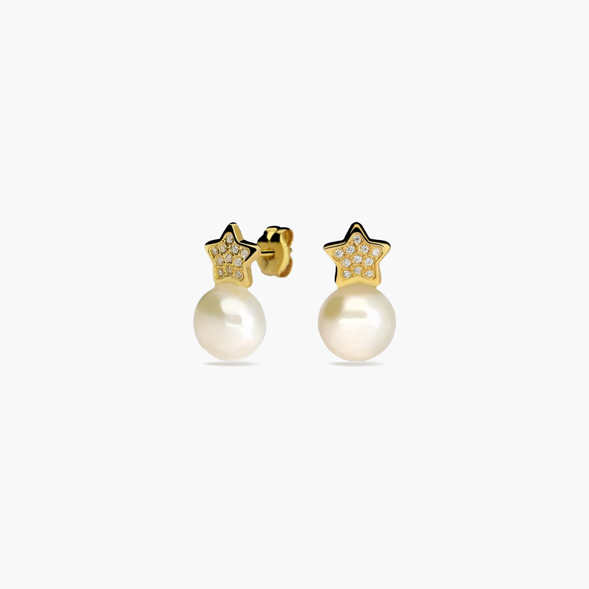 Pendientes estrella de oro 18K con perlas y circonitas 13 mm