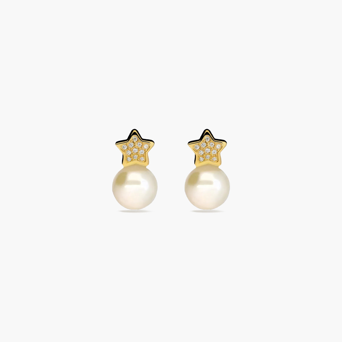 Pendientes estrella de oro 18K con perlas y circonitas 13 mm