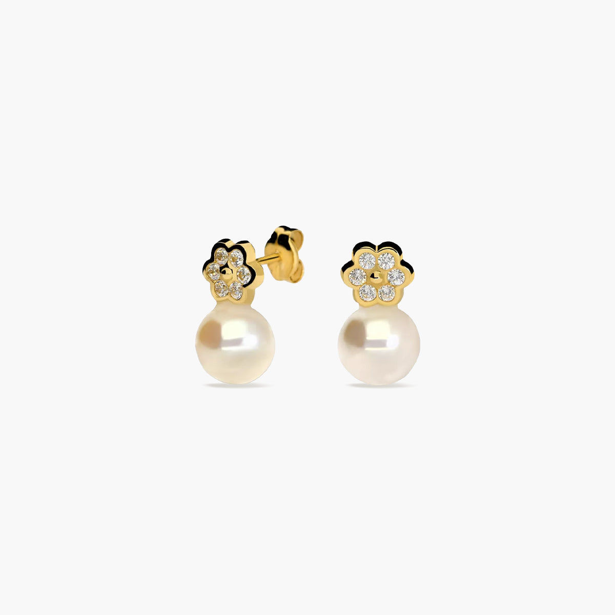 Pendientes flor de oro 18K con perlas y circonitas 13 mm