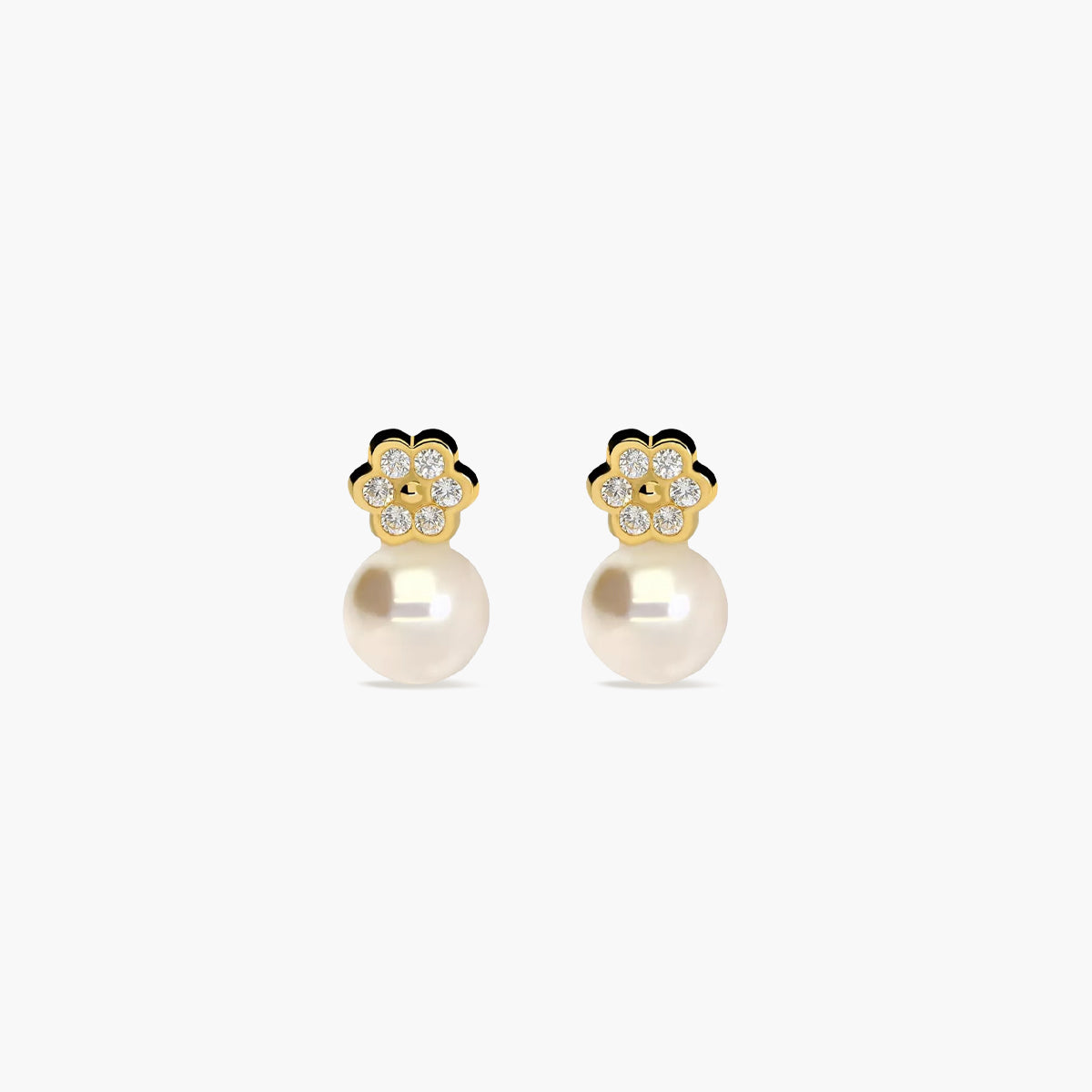 Pendientes flor de oro 18K con perlas y circonitas 13 mm