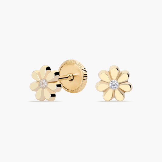 Pendientes flor de oro 18K circonita 5 mm