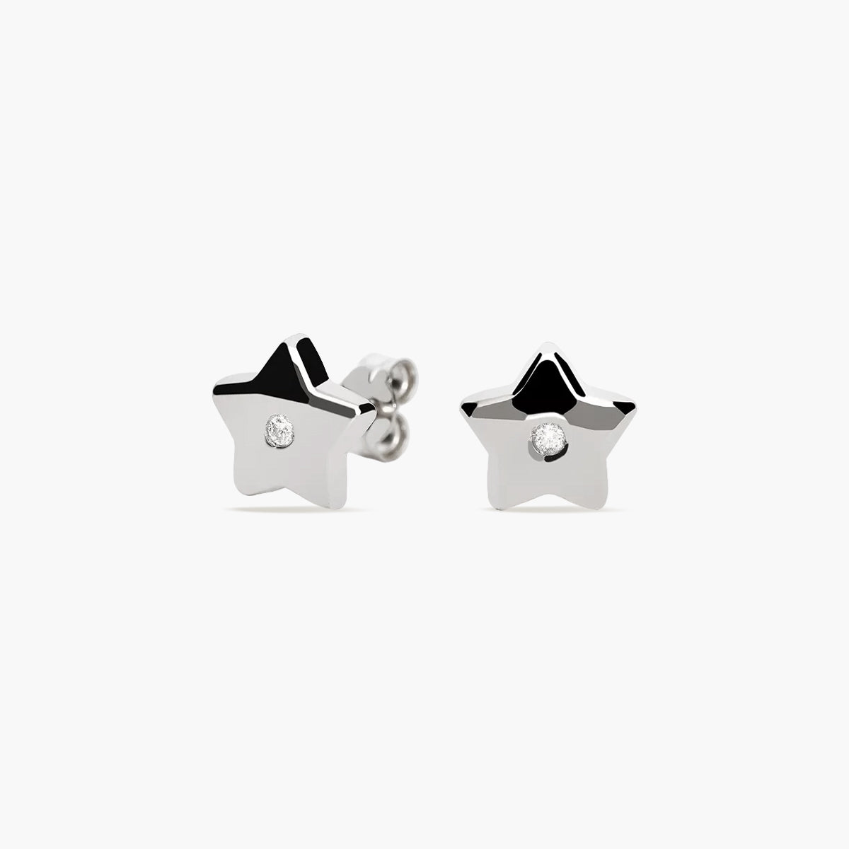Pendientes estrella de oro blanco 18K diamante natural 0.03 ct. 8 mm