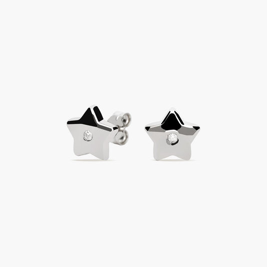 Pendientes estrella de oro blanco 18K diamante natural 0.03 ct. 8 mm
